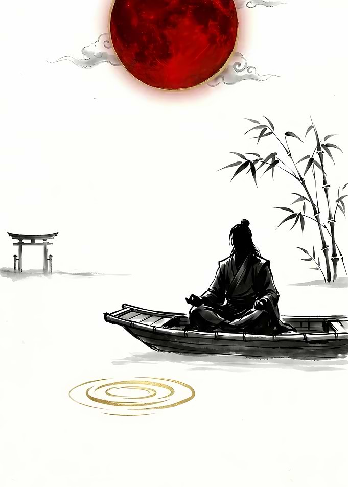 Meditating Monk in Boat under Red Moon