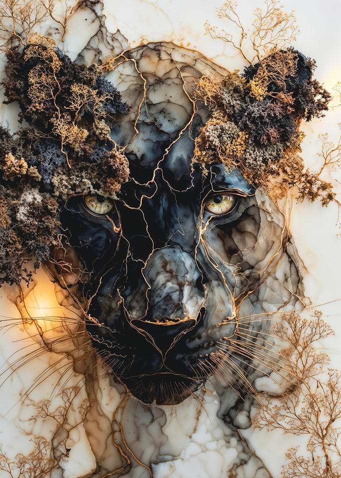Marble Black Panther Head with Gold