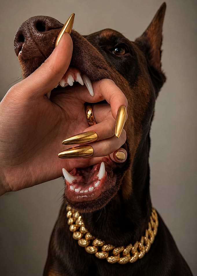 Doberman with gold accessories