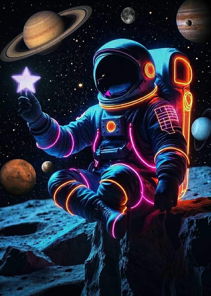 Astronaut Holding a Neon Star in Space