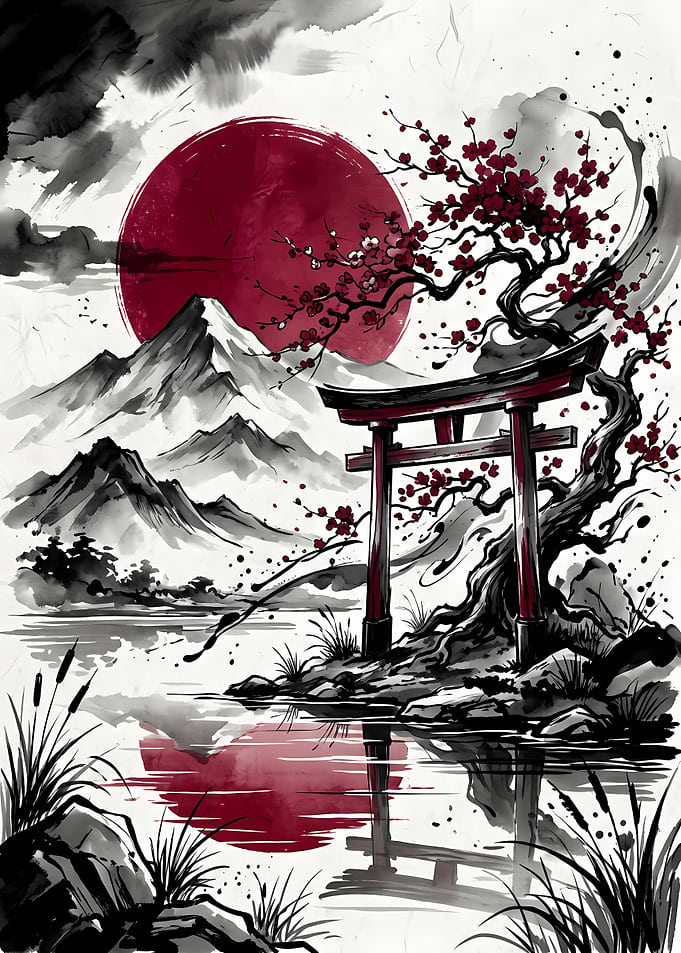 Japanese Torii Gate with Cherry Blossoms