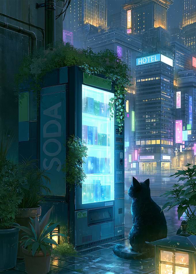 Black cat in a neon city