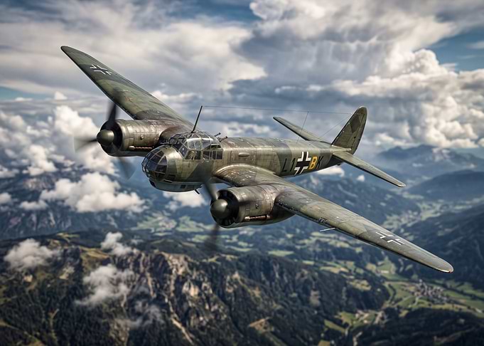 German Bomber Aircraft Flying Over Mountains