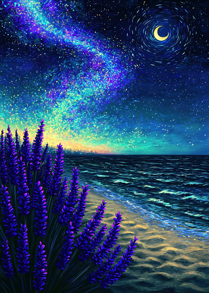 Lavender Beach Under Starry Night
