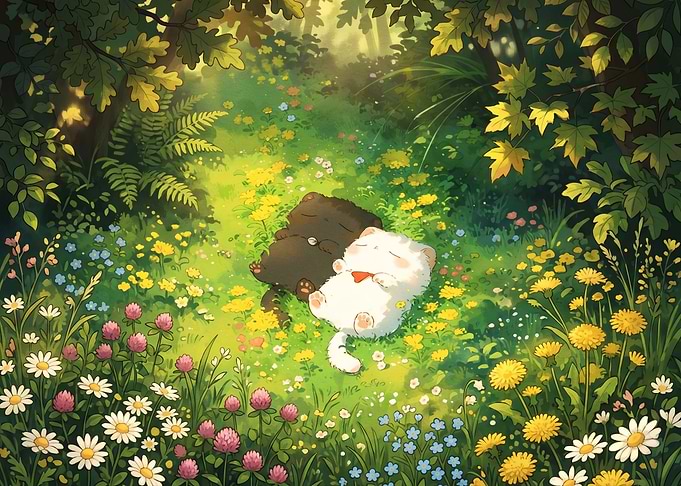 Two Cats Sleeping in a Meadow