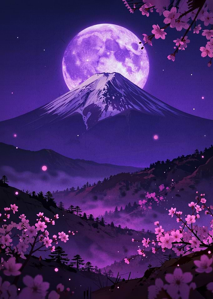 Purple Moonlit Mountain Landscape