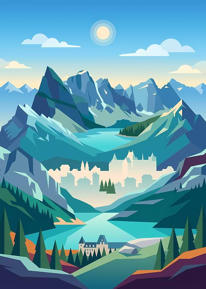 Stylized Mountain Landscape with City