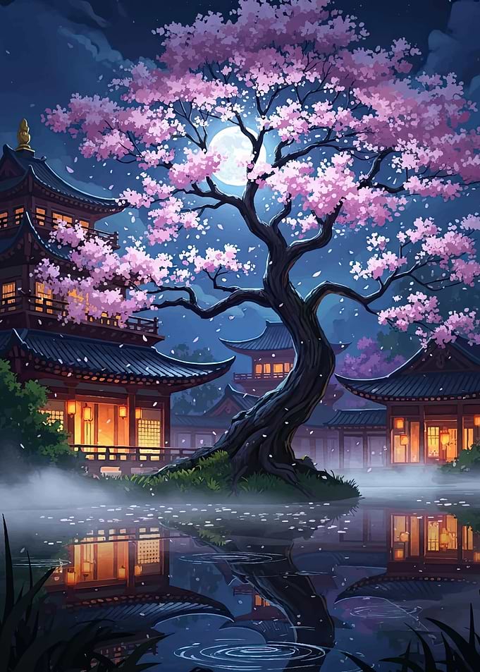 Enchanting Cherry Blossom Night Scene