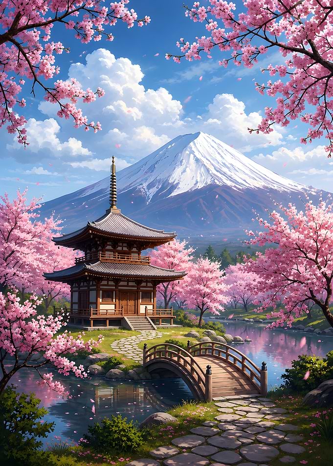 Mount Fuji and Pagoda in Cherry Blossoms