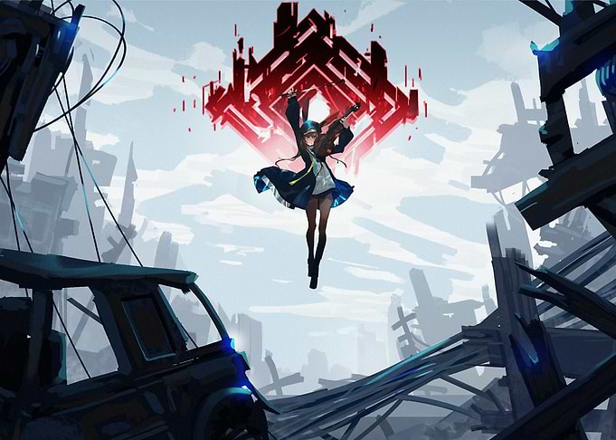 Girl playing violin in a ruined city