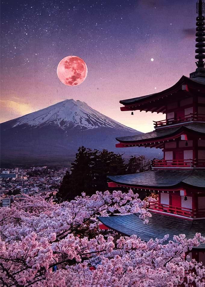 Mount Fuji with Pagoda and Cherry Blossoms