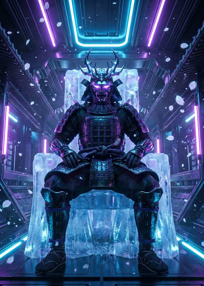 Cyberpunk Samurai on Ice Throne