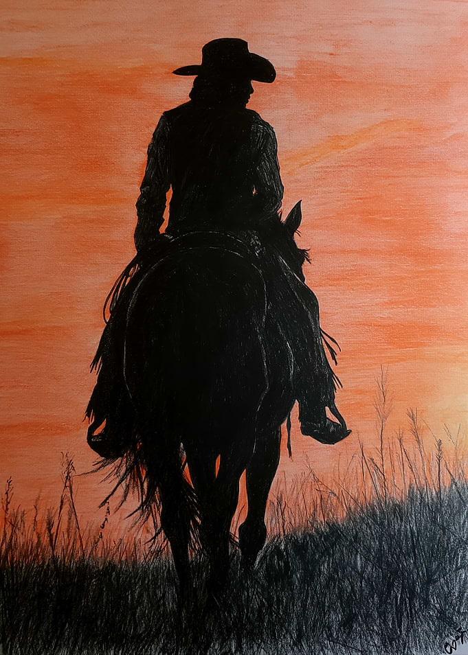 Cowboy Riding Horse at Sunset