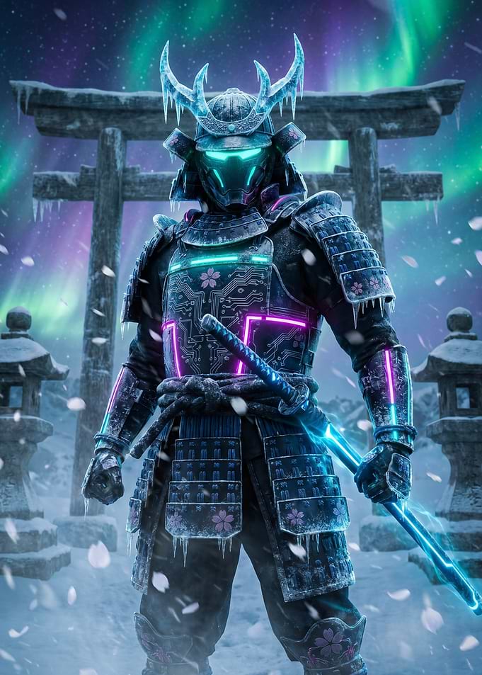 Cyberpunk Samurai in Snowy Aurora