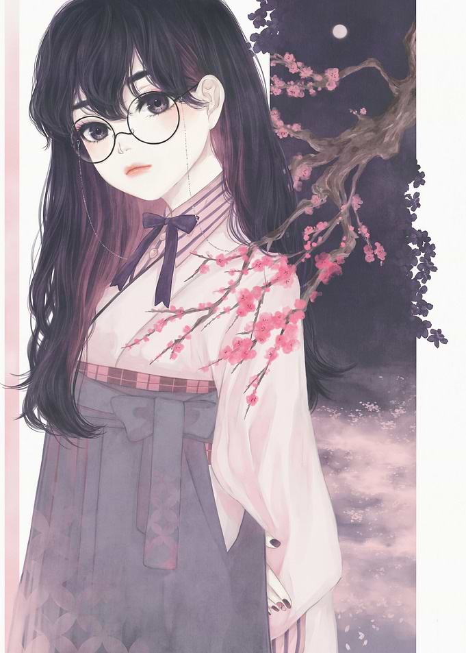Anime Girl in Kimono with Cherry Blossoms