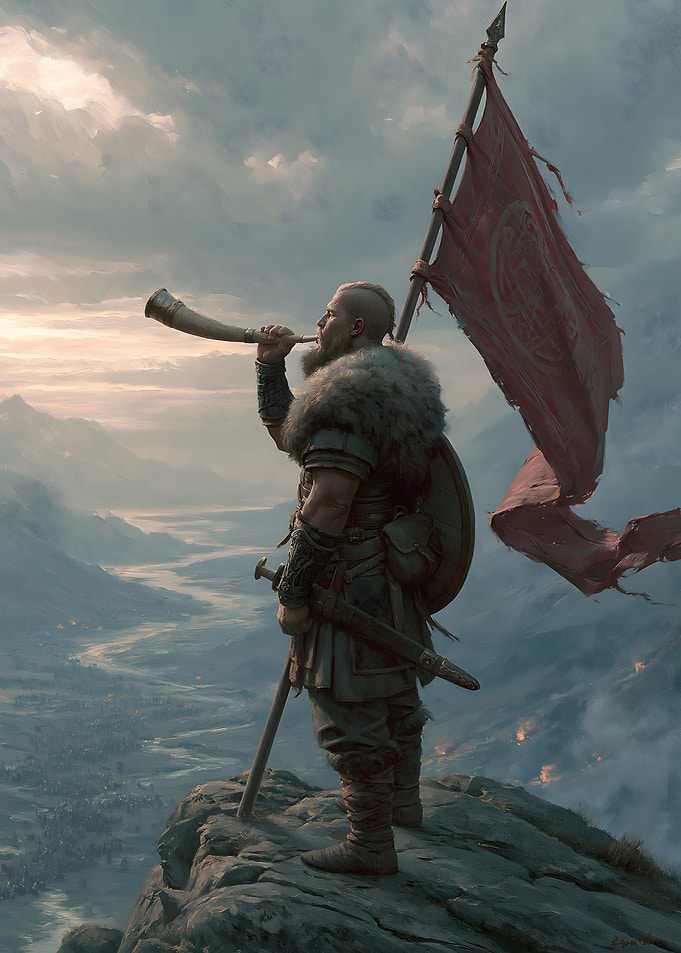 Viking Warrior Blowing Horn on Cliff