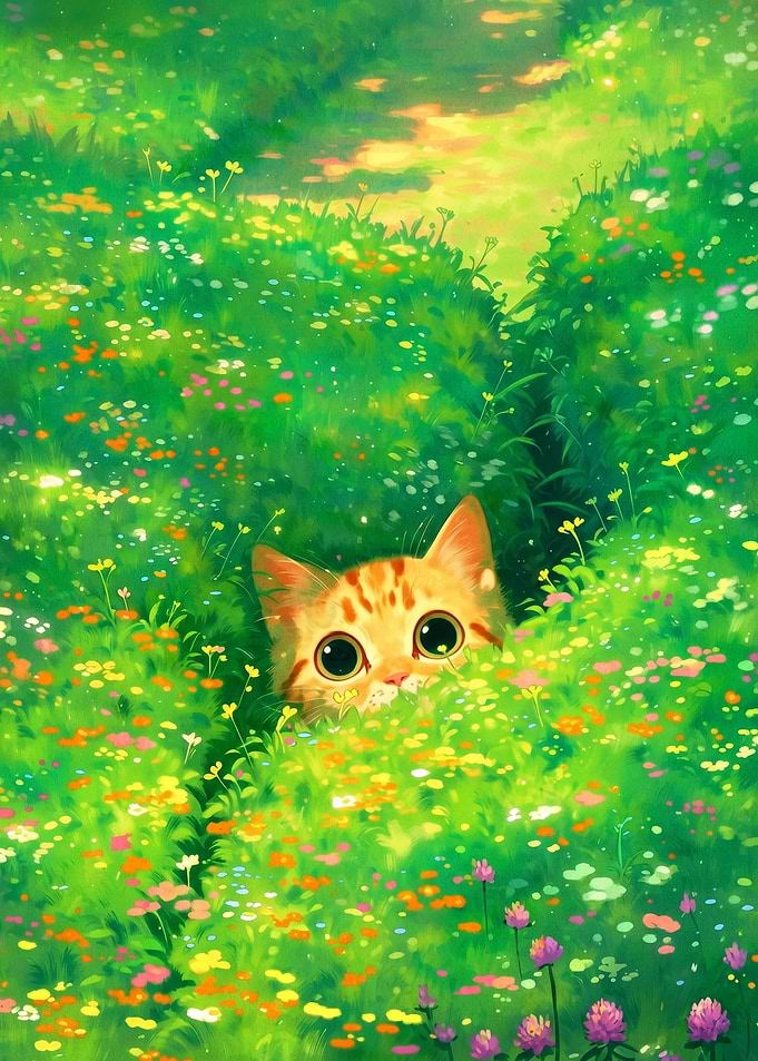 Cute Cat Peeking Through Flowers