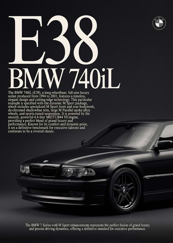 sleek close up classic BMW 740iL E38 M Sport car poster