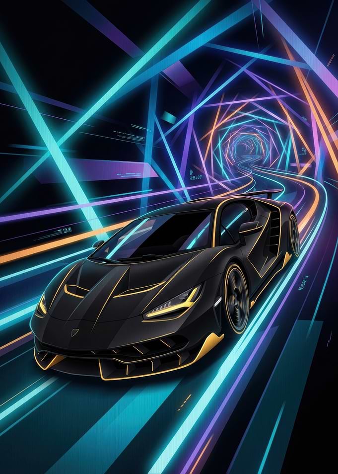 Black and Gold Sports Car in Neon Tunnel