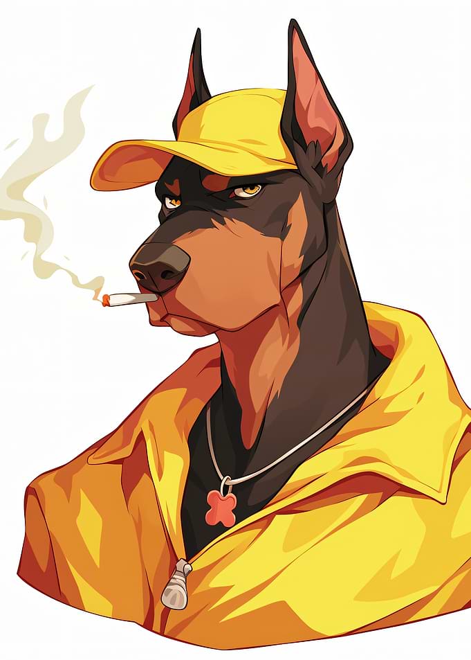 Doberman wearing a yellow cap and jacket
