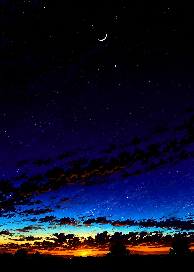 Sunset Sky with Crescent Moon and Stars