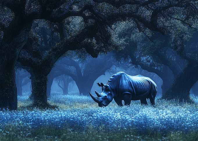 Rhinoceros in a mystical forest
