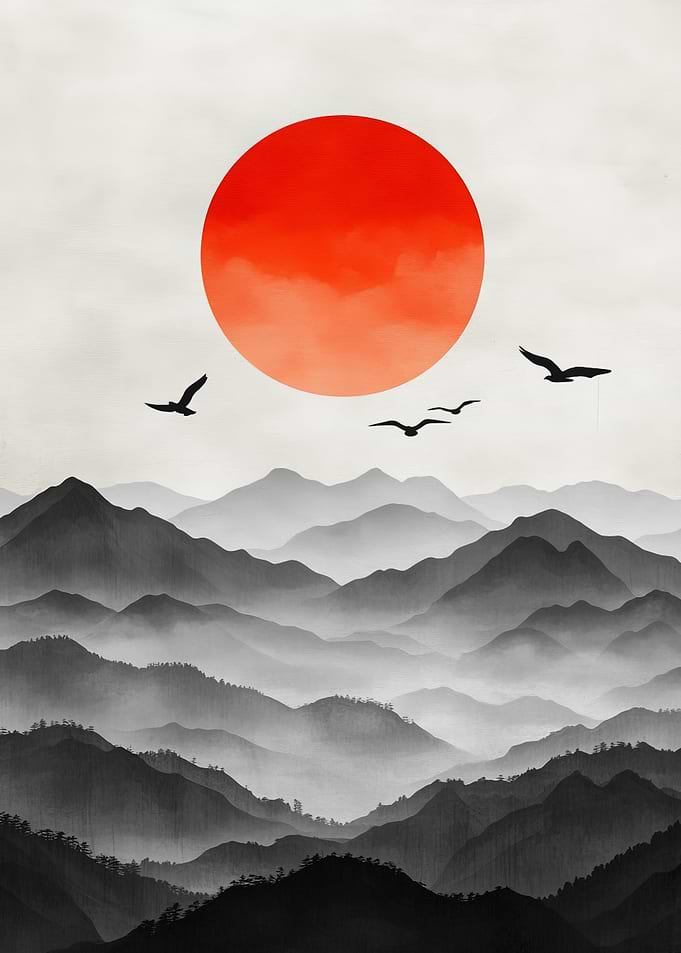 Misty Mountains Sunrise with Birds