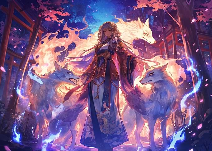 Woman with Spirit Wolves and Fire