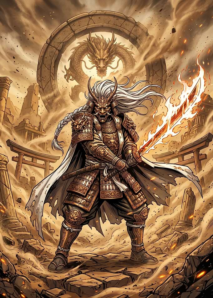 Samurai Warrior with Fiery Sword and Dragon