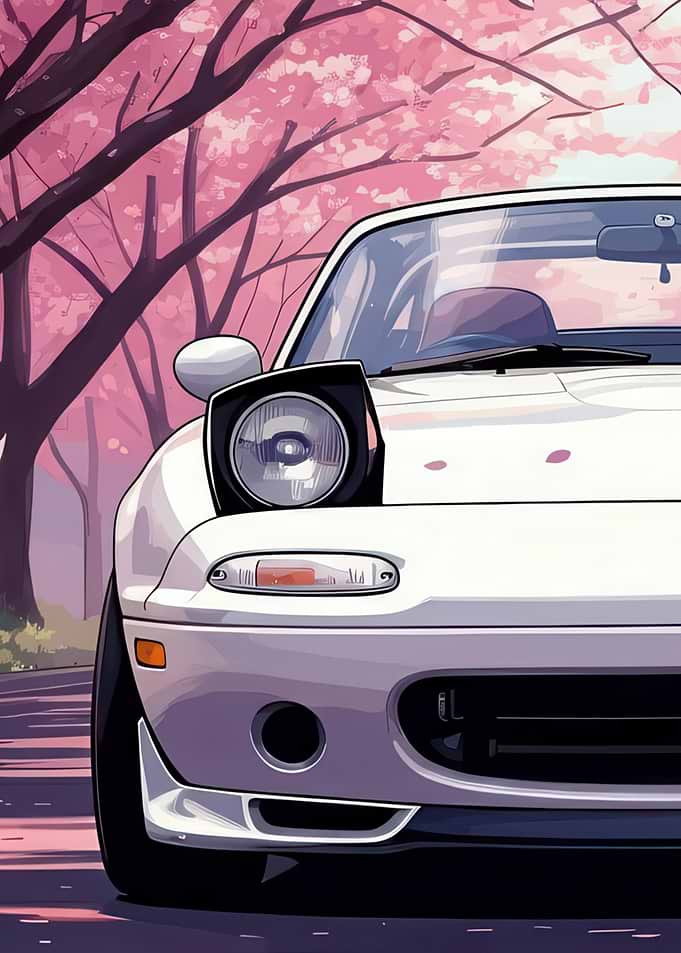 White Mazda Miata with Cherry Blossoms