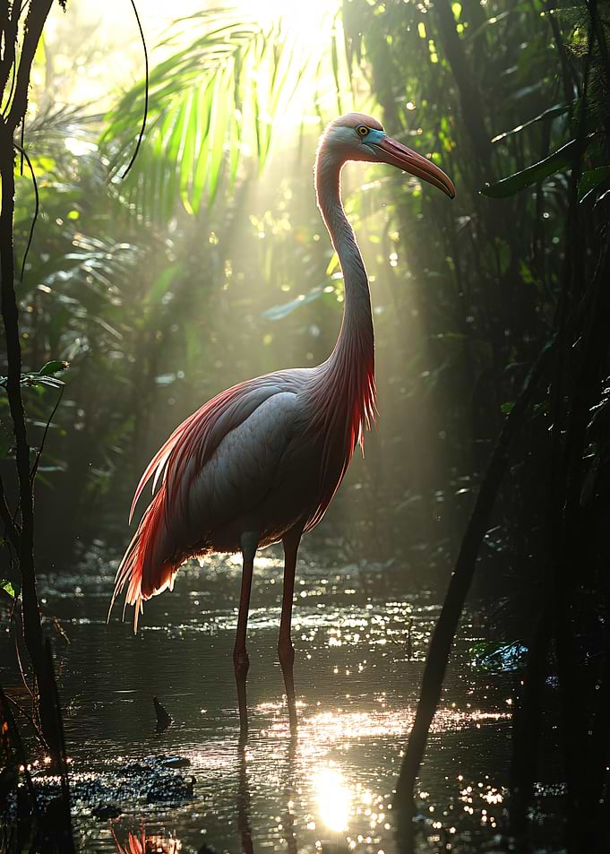 Pink Heron in Misty Jungle