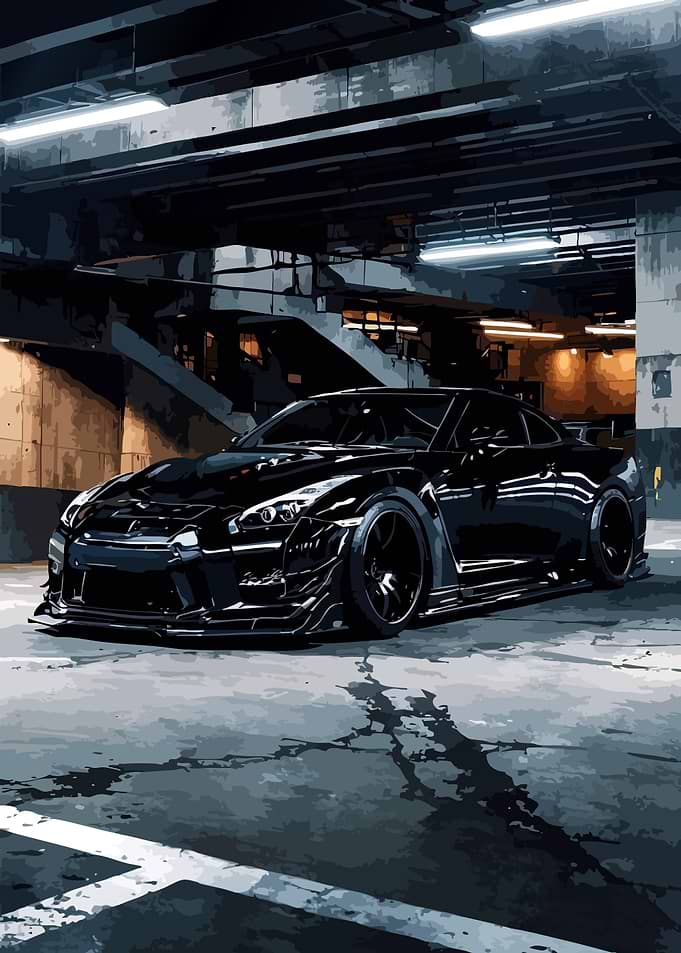 Sleek Black Sports Car in Parking Garage