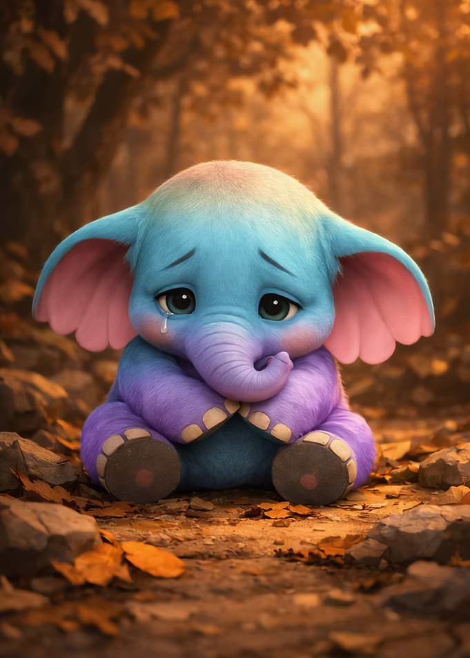 Sad Baby Elephant Crying in Autumn Forest