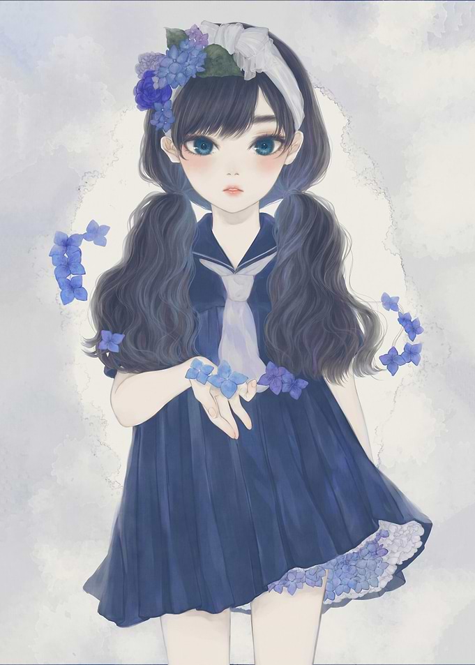 Anime Girl with Blue Flowers