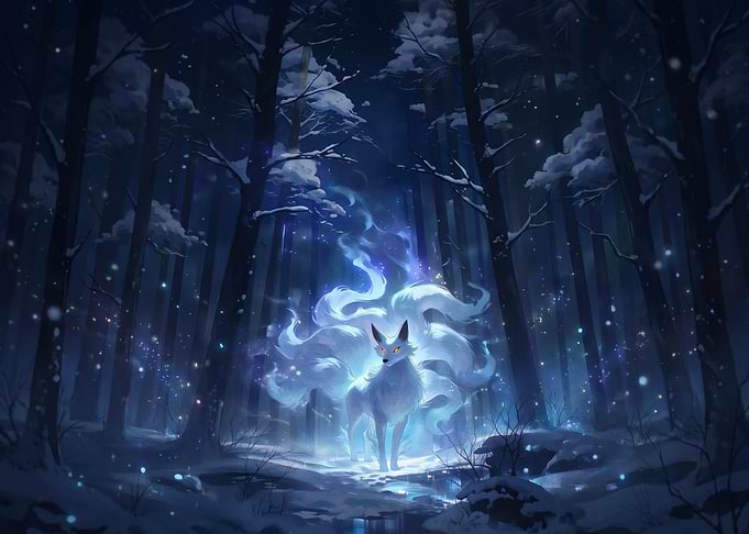 Mythical Fox in Snowy Forest