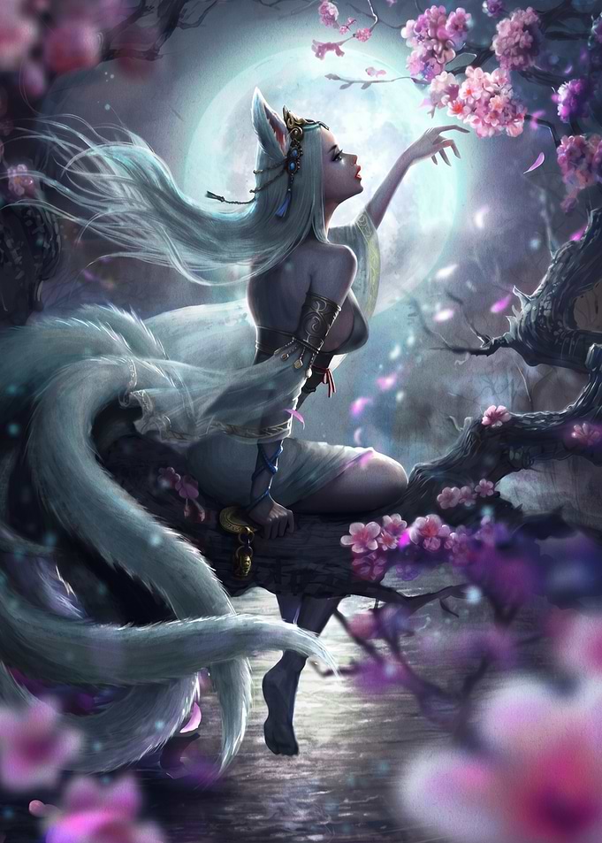 Kitsune Woman Reaching for Cherry Blossoms