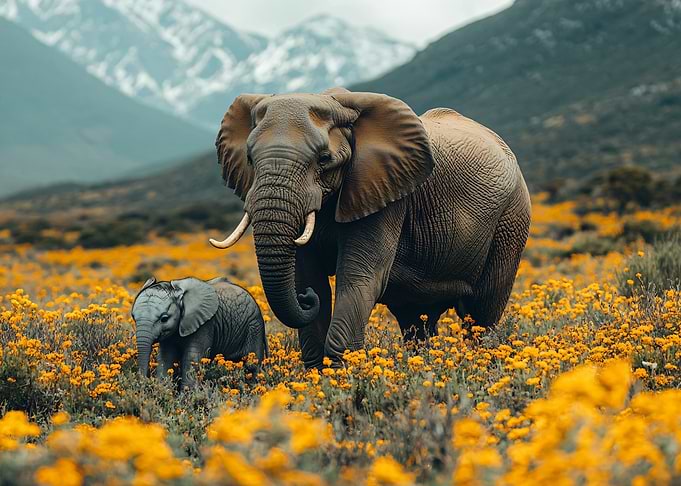Elephants in a field of flowers