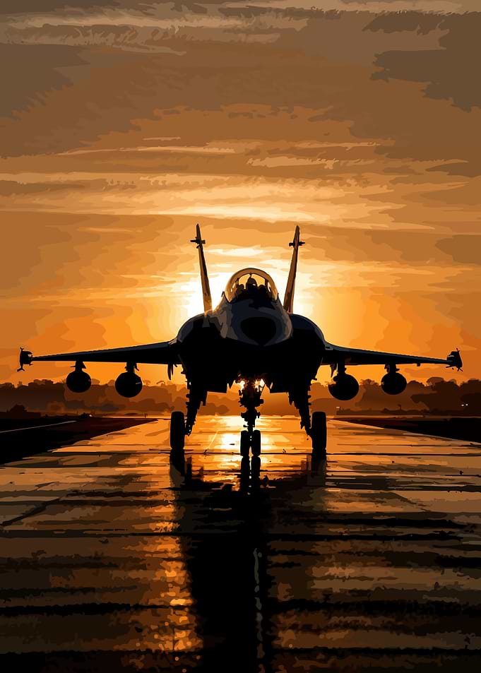 Fighter Jet on Runway at Sunset