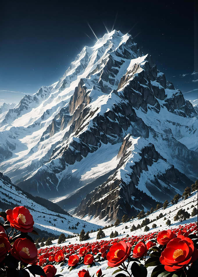 Scenery Snowy Mountain Peaks with Red Flowers