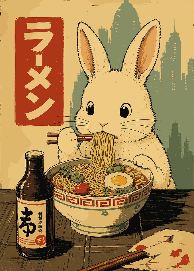 Cute Rabbit Ramen Poster Retro Japanese Cityscape Wall Art for Food Lovers