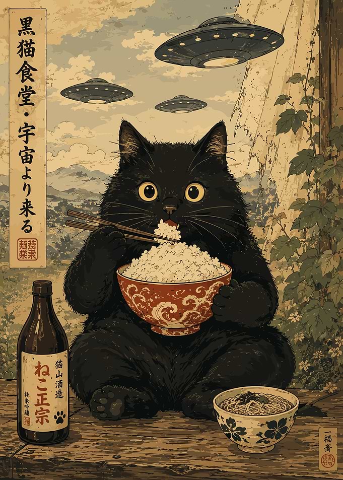 Black Cat Eating Rice Ukiyo-e Style Japanese Wall Art Poster
