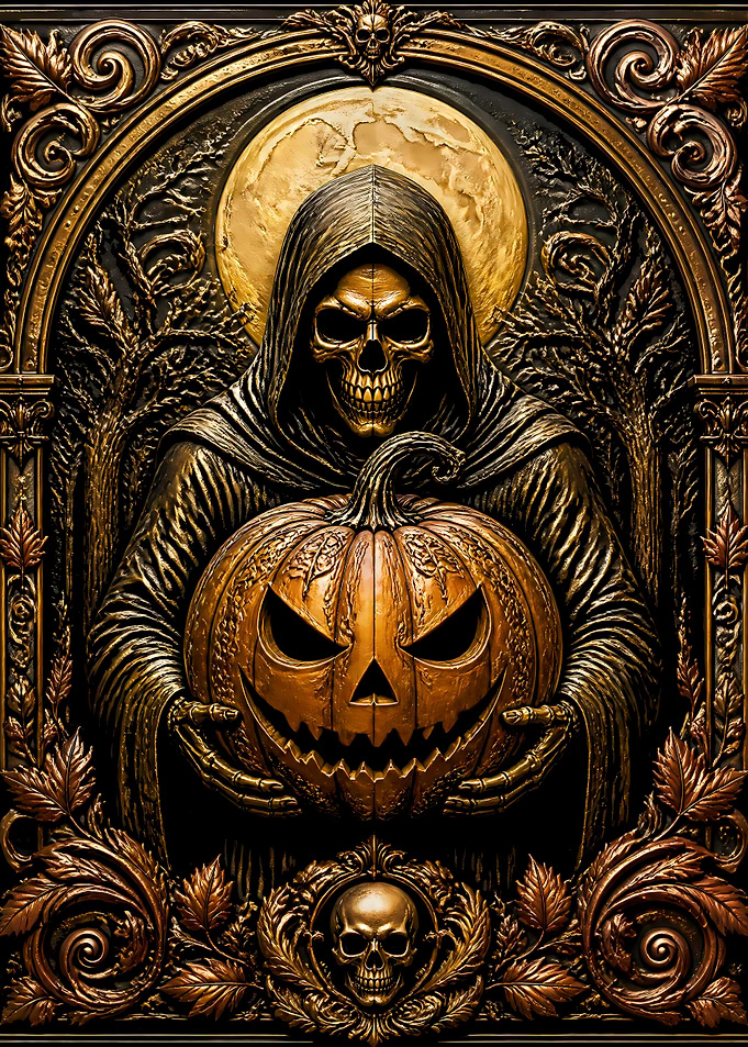 Grim Reaper Holding a Jack-o'-lantern