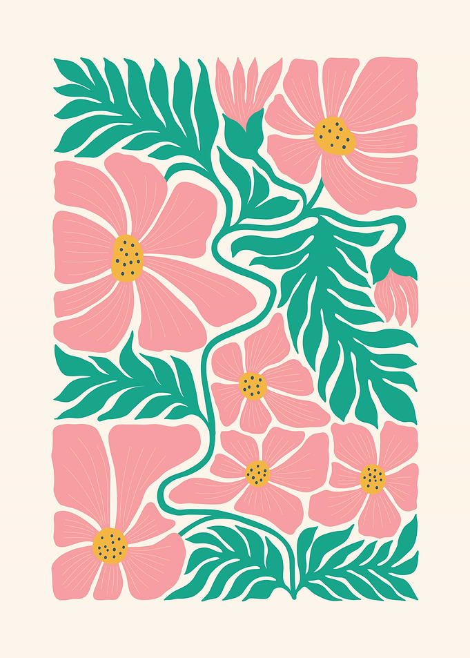 Pink Floral Pattern with Green Leaves