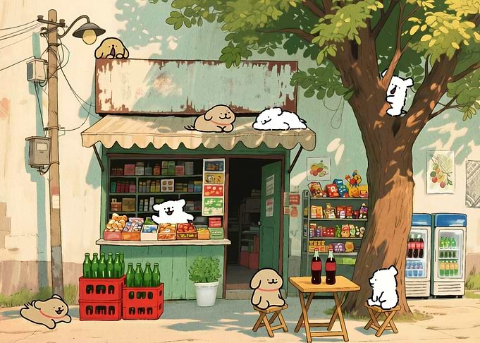 Cute dogs at a corner store