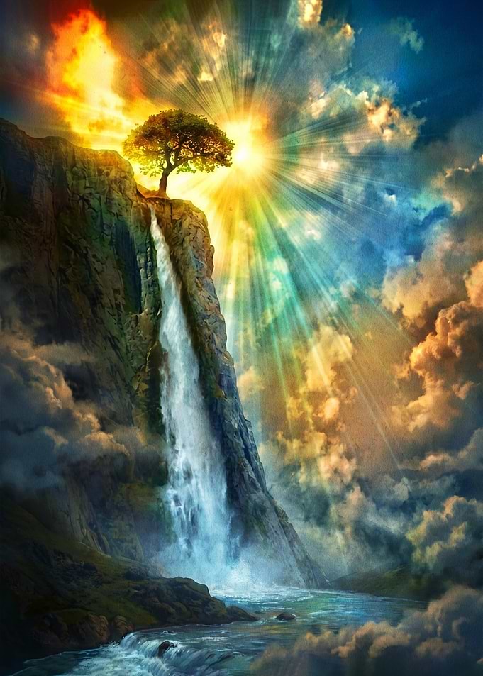 Majestic Waterfall and Tree Under Sunbeams