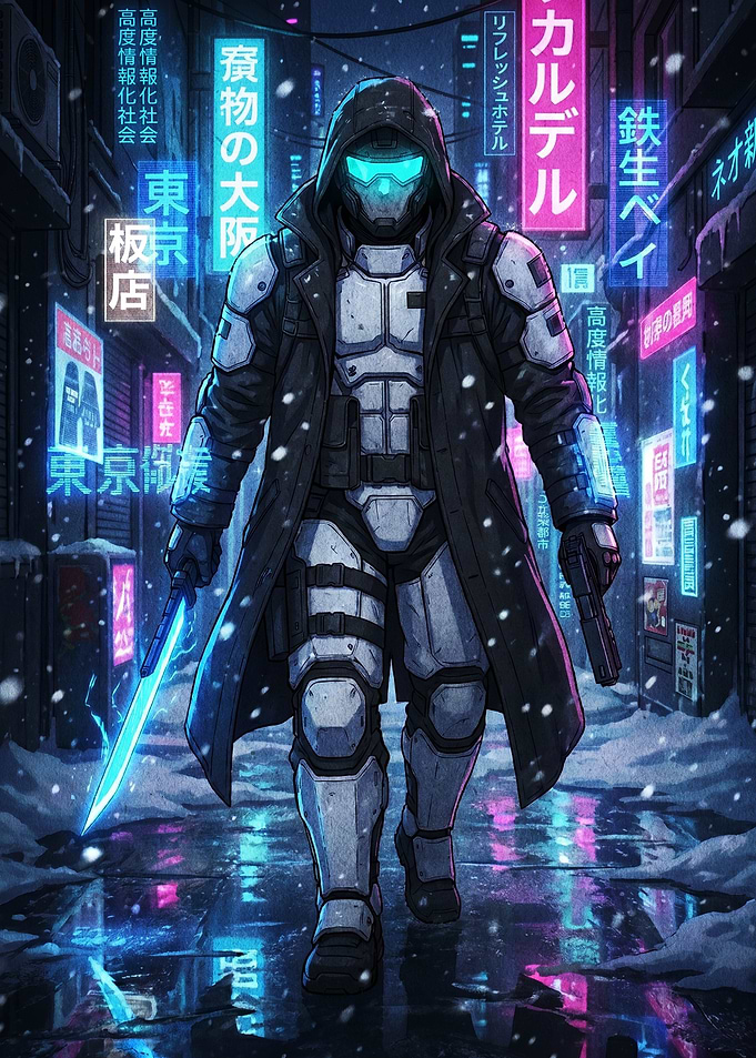 Cyberpunk warrior in snowy Tokyo