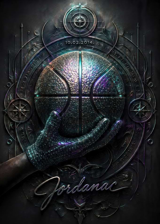 Gloved Hand Holding Basketball with Ornate Design