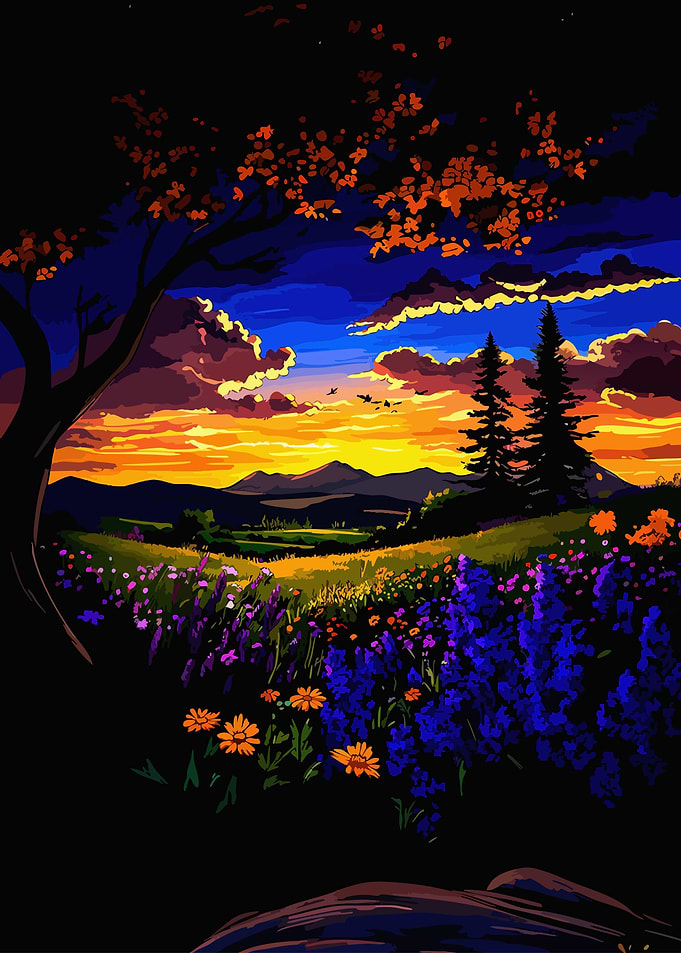 Vibrant Sunset Over a Wildflower Meadow