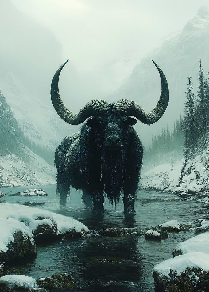 Majestic Yak in Snowy Mountain River
