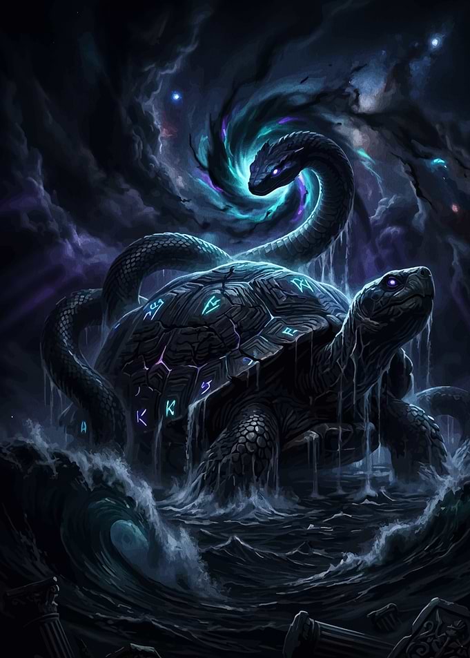 Mythical Turtle and Serpent in Cosmic Storm